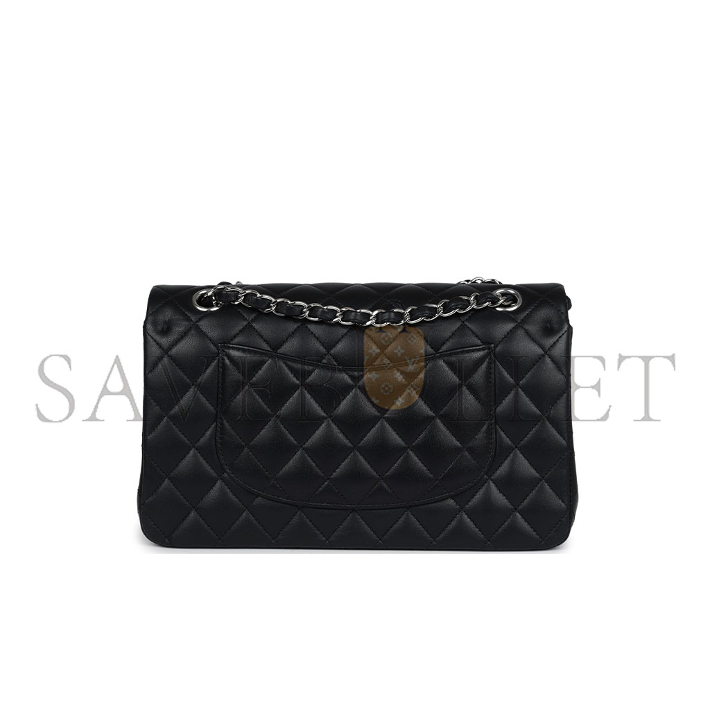 CHANEL MASTER MEDIUM CLASSIC DOUBLE FLAP BLACK LAMBSKIN SILVER HARDWARE A01112  (25.5*15.5*6.5cm)